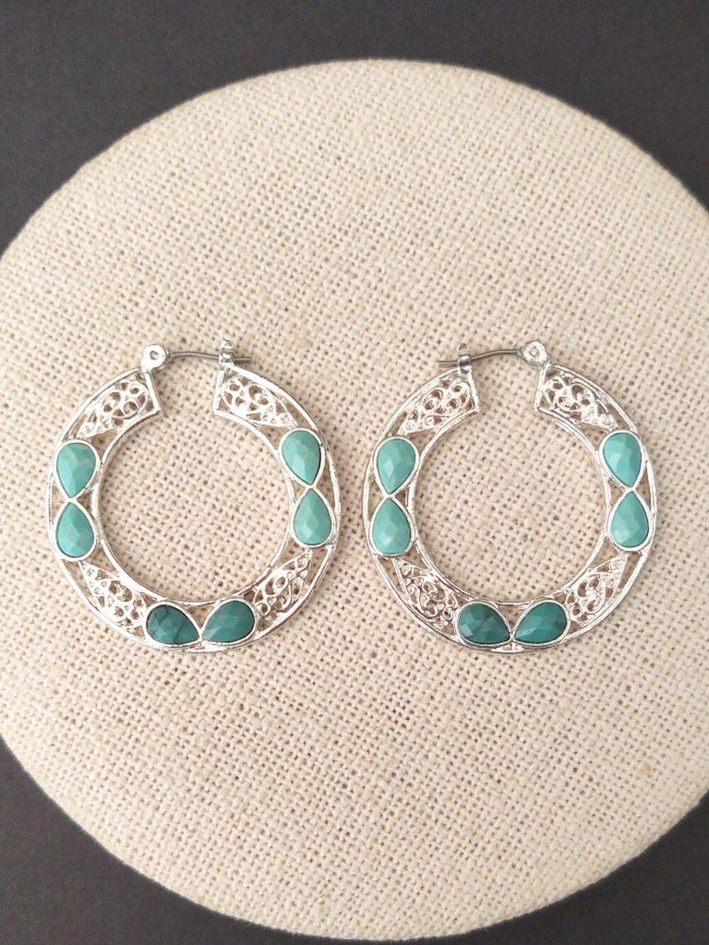 Silver open work hoops with green and blue beads